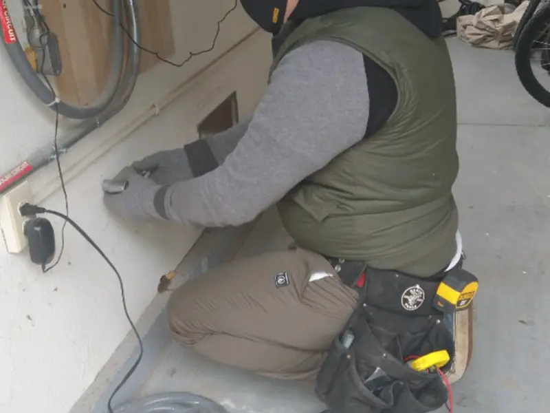 Electrician performing outlet wiring in a Howe garage